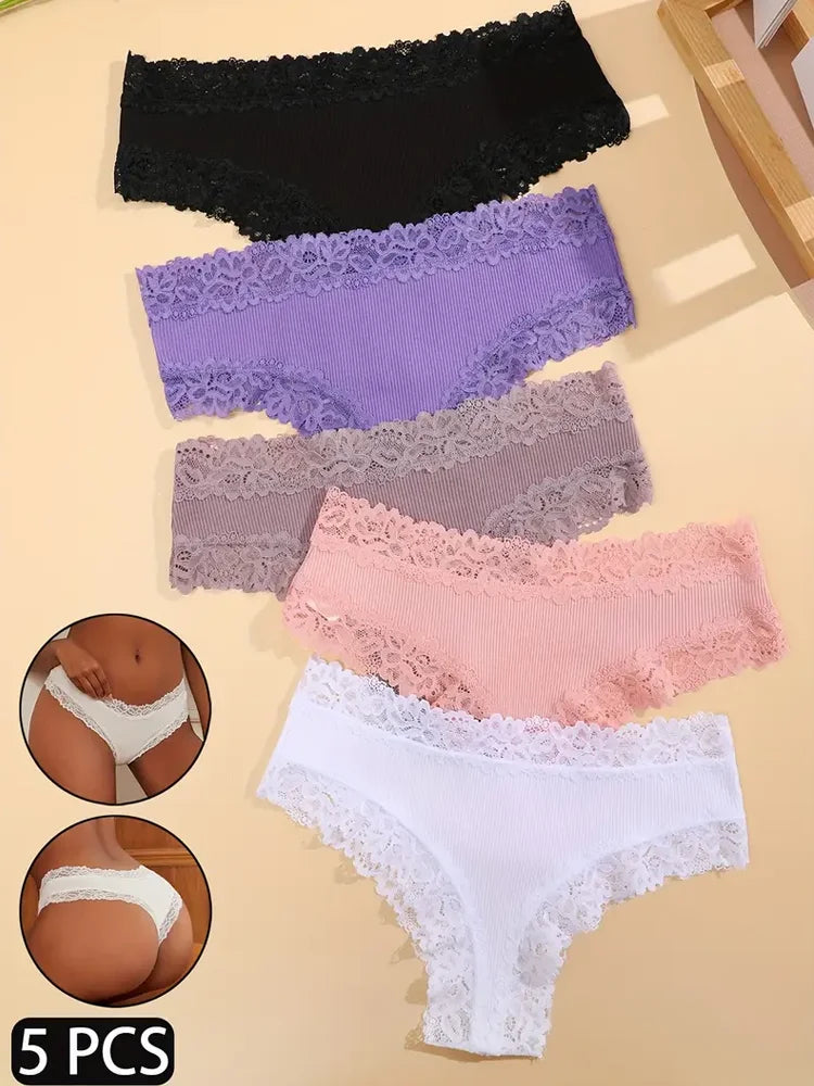 5Pcs Women Cotton Brazilian Pants Sexy Lace Brazilian Briefs Low Waist Floral Solid Color G-string Breathable Soft Lingerie