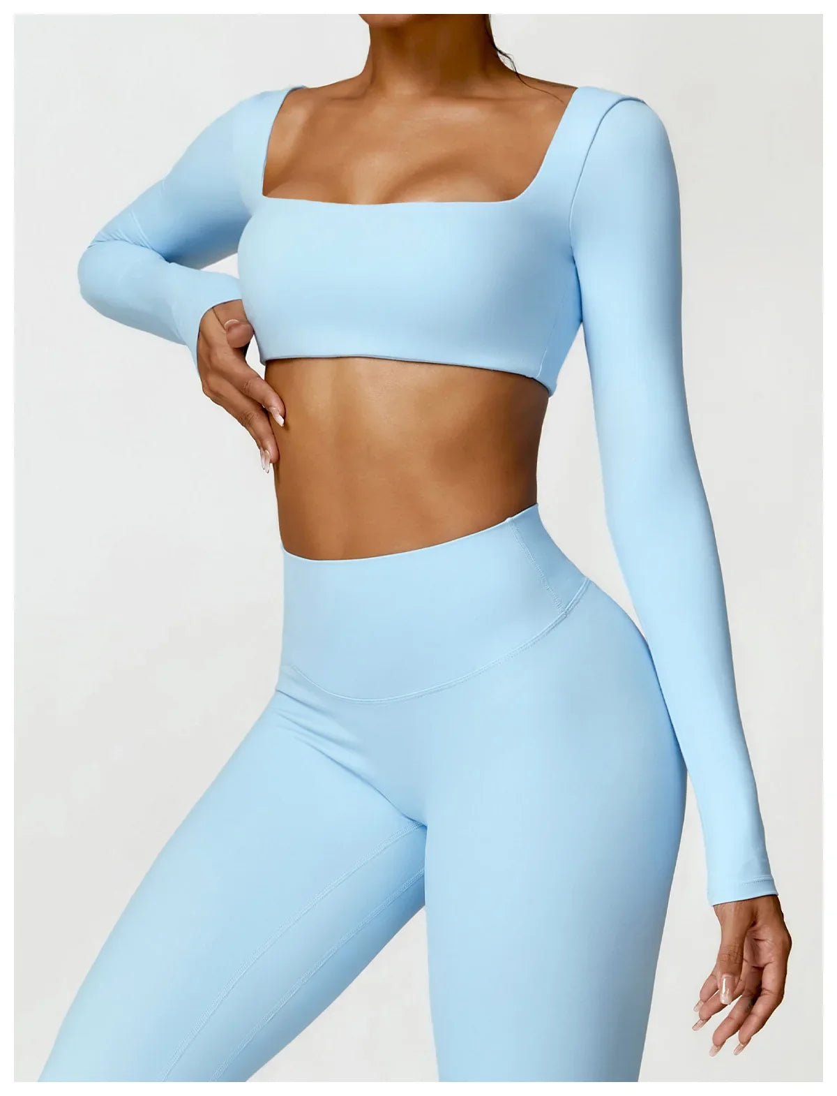 Hearuisavy Summer Casual Quick Dry Sportswear Women Square Neck Gym Top Women Fitness Sports Crop Top Long Sleeve Yoga Clothing