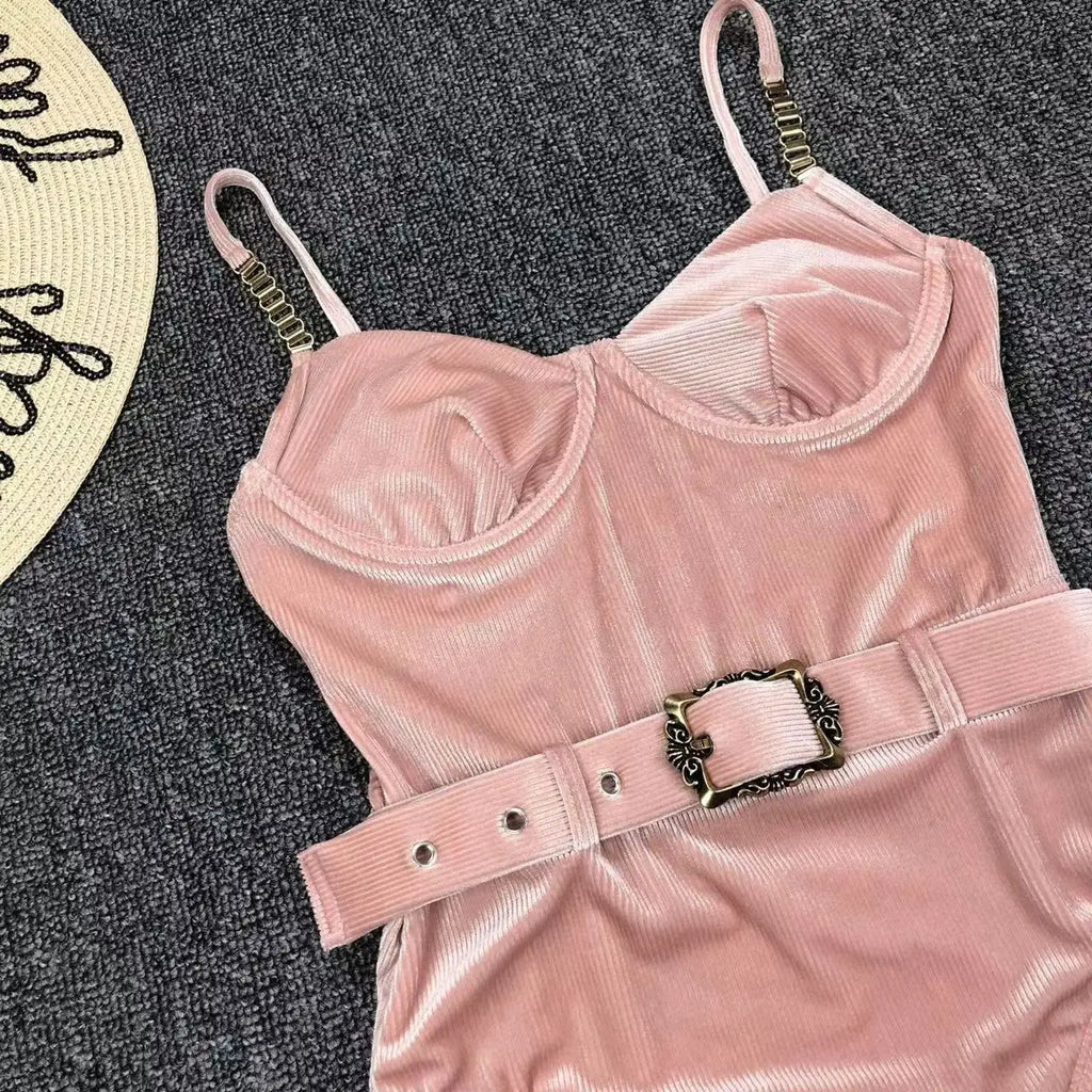 2024 New Sexy Velvet One-Piece Black Bikini Belt Swimsuit Women Solid Push Up Swimwear Female Brazilian Beach Bathing Suit