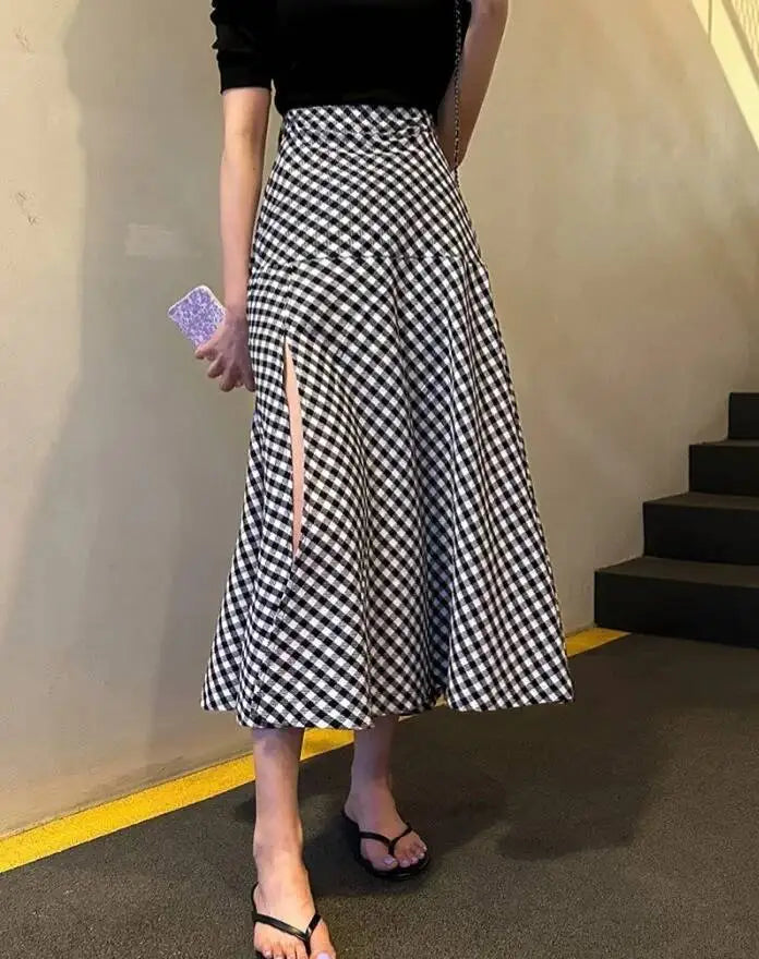 WOMENGAGA Korea Style 2023 Spring/Summer New High Waist Elegant Split Plaid Skirts Half Length Skirts Fashion Women 2023 22IV