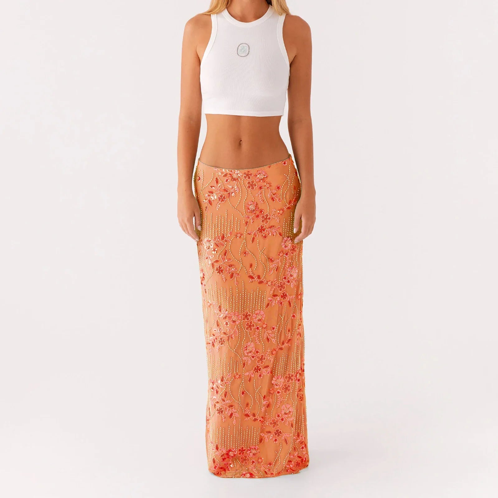 Elegant Beading Sequined Long Skirt for Women Summer Casual Floral Embroidery Maxi Straight Skirts for Beach Club Streetwear
