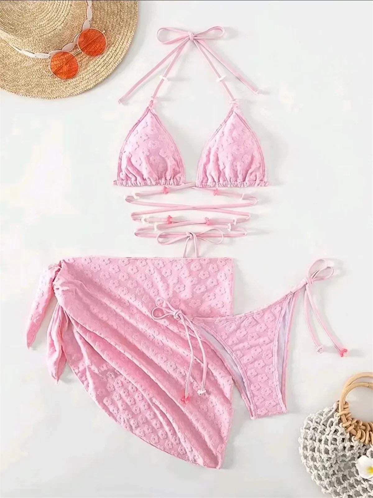 Mesh Skirt Pleated Bikini Set Women Blue White Floral Designer Criss Cross Swimsuit 3 Piece Bathing Suit Cover Up Swimwear 2024