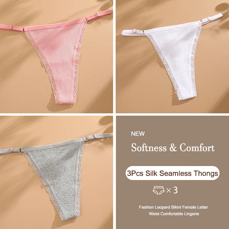 3Pcs G-String Cotton Sexy Women Thongs Adjustable Belt Seamless Panties Breathable Low Waist Lingerie Female Soft Solid Color