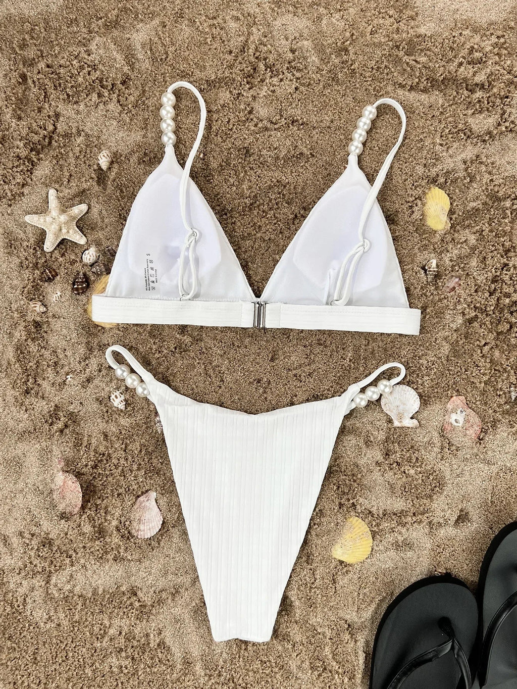 Bikini Set 2025 White Triangle Swimwear Ribbed Pearl Strap Push Up Mini Micro Swimsuit Beach Bathing Suit Thong Swimming Outfit