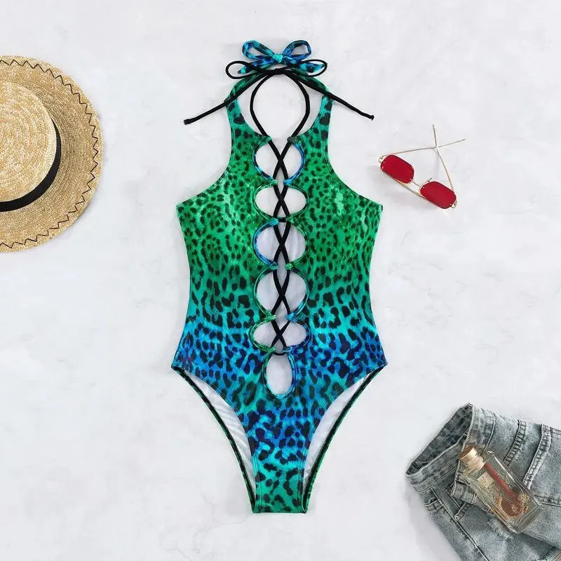 Hollow Out Swimwear Women 2025 High Neck Solid Black Cut Out Backless Monokini Bandage Bathing Suit Holiday One Piece Swimsuit
