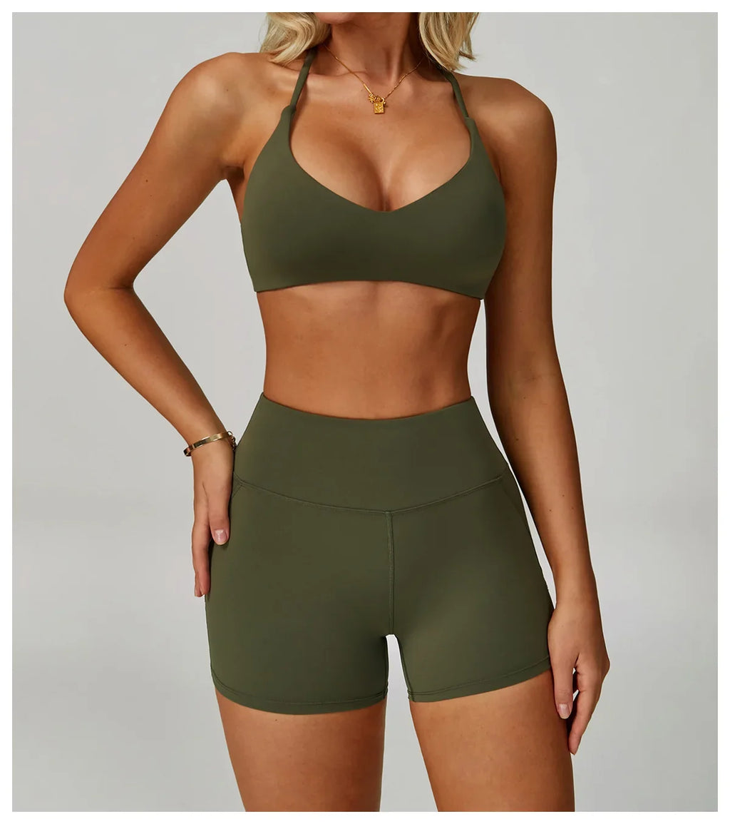 Summer U-Shaped Multi-Strap Cross Back Women Pilates Fitness Sports Bra Top Gym Yoga Athletic Tight Workout Jog With Chest Pad