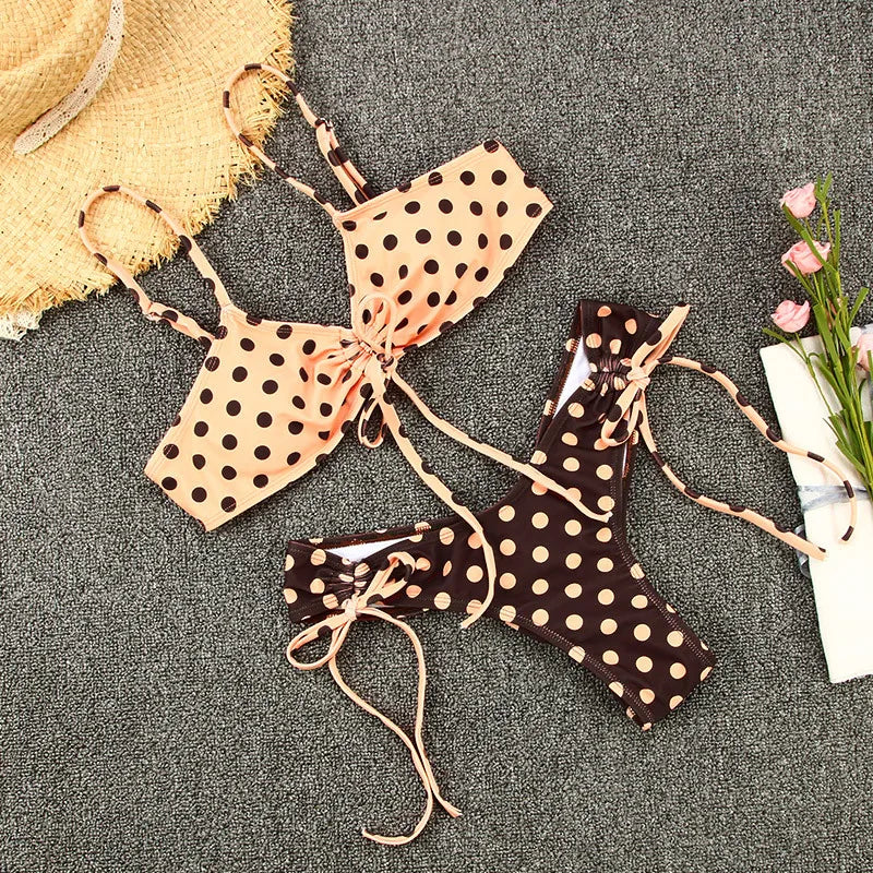 2026 New Sexy Low Bikini Set Swimwear Women Print Floral Brazilian Halter Backless Swimsuit Strappy Beachwear Dot biquini female