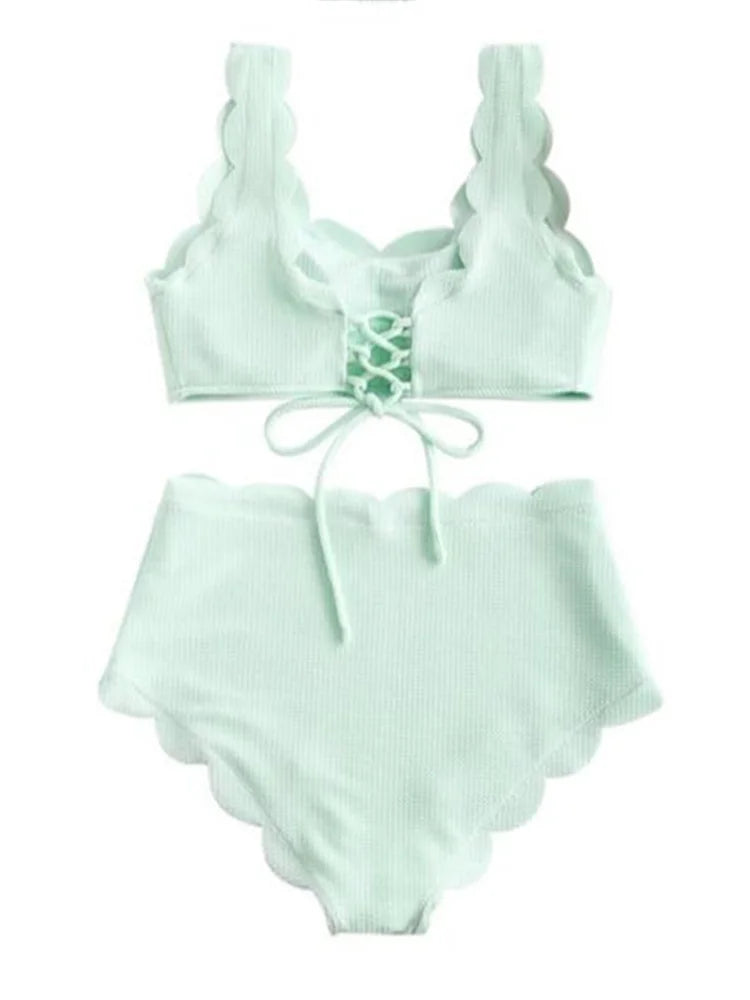 Solid Blue Two Pieces Swimsuit Bathing Suits Bikini Women Scalloped Textured High Waisted Bikini Set Lace Up Bathing Suits XXL