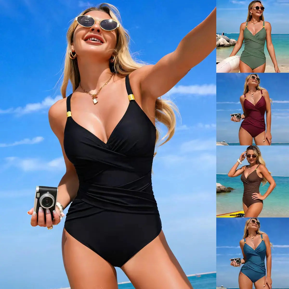 Vintage Black Coffee Swimwear Women 2026 Metal Strap V Neck Pleate Cross Tummy Control One Piece Swimsuit Bathing Suit Monokini