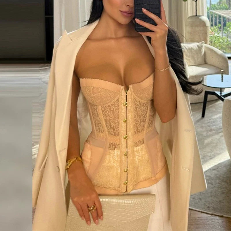 Spicy Girl Sexy Tight Corset Sexy Lace Hollow Out Sleeveless Strapless Tube Top 2025 Summer Fashion Women Street Trendy Tanks