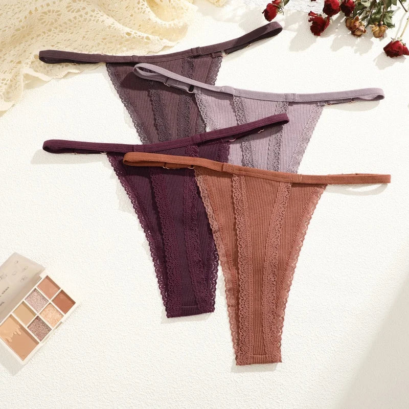 4Pcs Cotton Lace Panties Sexy G-String Women's Underwear Low Waist Comfortable Lingerie Briefs Adjustable Waist Thong Intimates