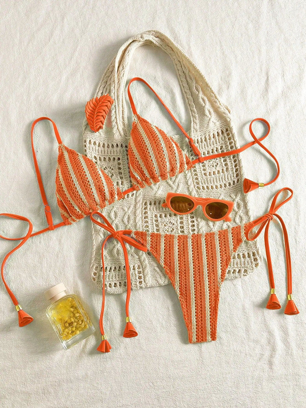 Sexy Orange Striped Bikini Set 2026 Women Halter Push Up Bra Tassel Bandage Thong Swimsuit Summer Holiday Bathing Suit Swimwear
