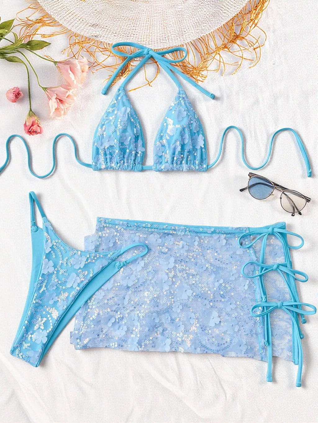 Shiny Sequin Pink Mesh Skirt 3 Piece Bikini Set Women Push Up Bra Thong Swimsuit Brazilian Beach Bathing Suit Holiday Swimwear