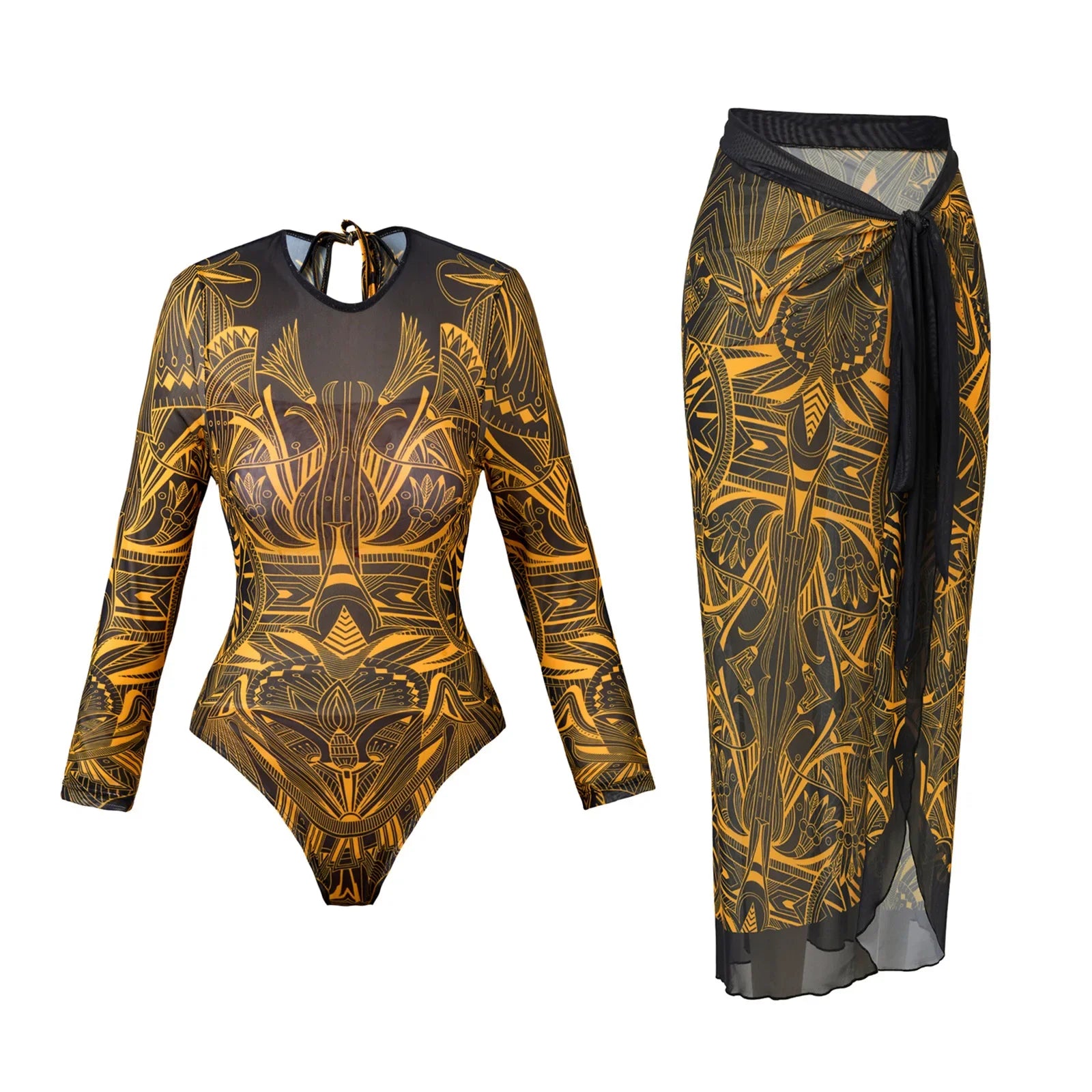 Vintage Blue Ethnic Print One Piece Swimsuit Mesh Long Skirt Set 2026 Women Long Sleeve Slim Fit Swimwear Summer Bathing Suits