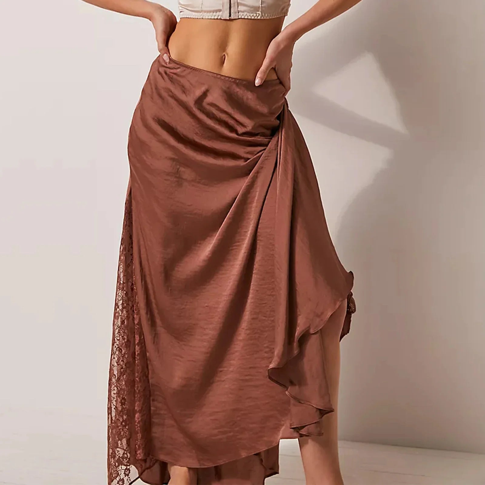 Solid Women Long Skirts Summer Elegant Low Waist Lace Satin Patchwork Skirts with Lace Flower Vintage Skirts Ball Gown Skirts