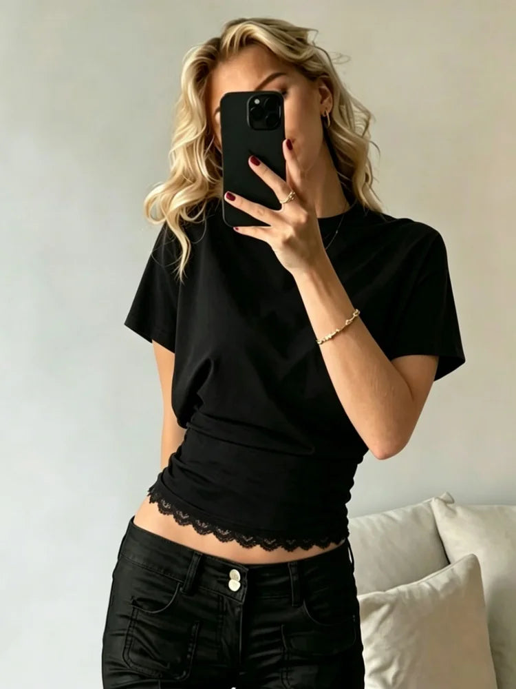 Woman Lace Crop Top Dolman Sleeve Summer Sexy Elegance Leisure Round Collar Semi Slim Solid Color T-shirt Top Pleating