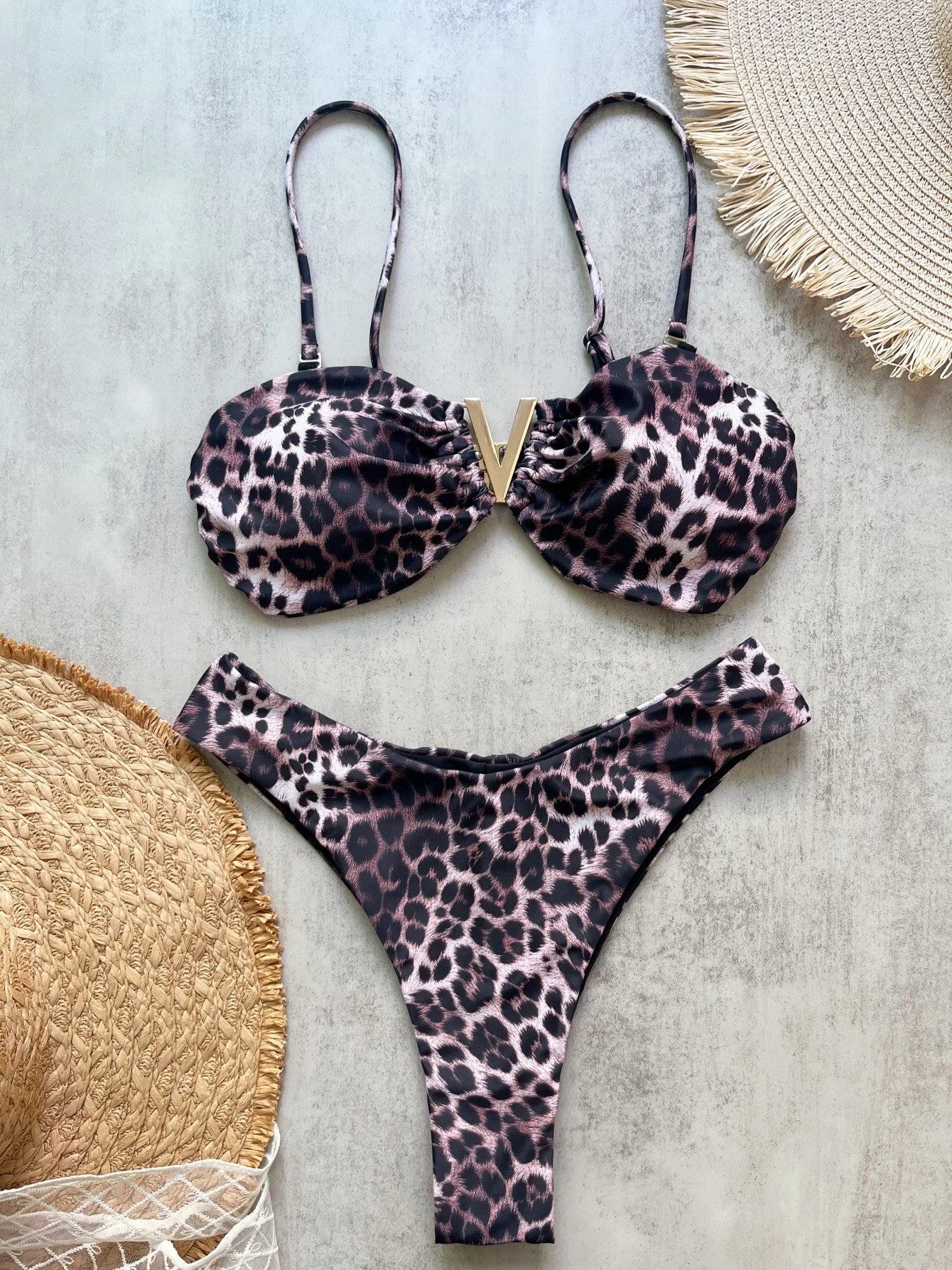 Sexy Brown Leopard Print Micro Bikini Women Metal V Neck Push Up High Waist Swimsuit 2026 Beach Bathing Suit Vacation Swimwear