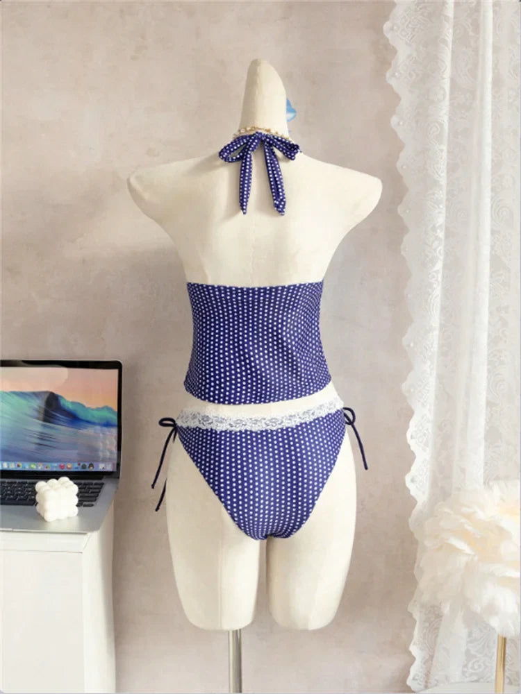Sexy Blue Polka Dot Print Bikini Set 2026 Women Lace Trim V Neck Tank Top Tie Side Thong Swimsuit Bathing Suit Holiday Swimwear