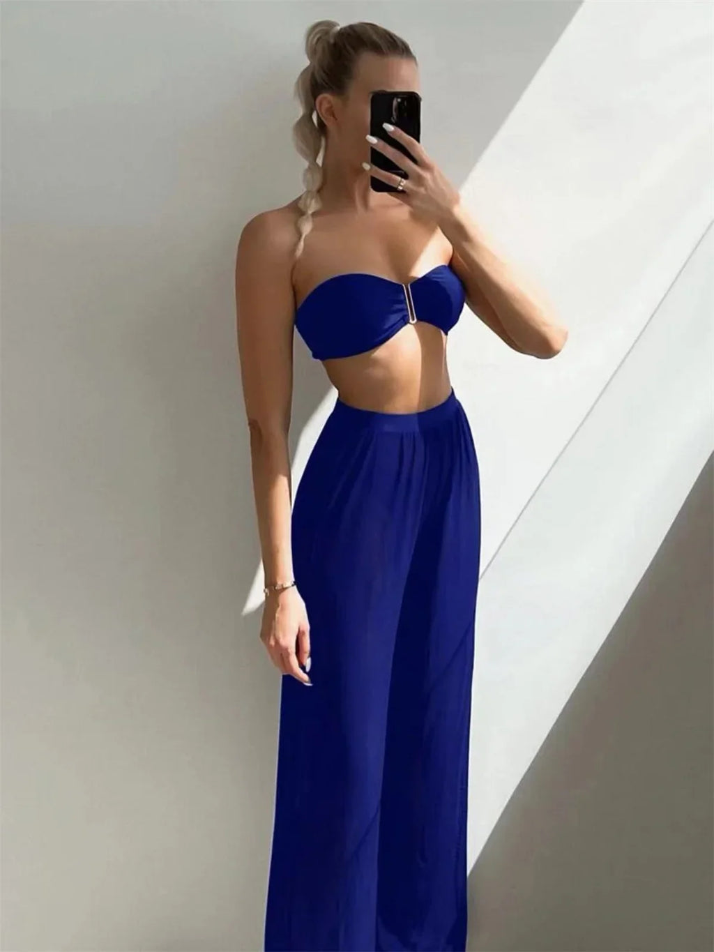 Bandeau Bikini 2024 Women Sexy White Cut Out V Bra Mesh Long Panties 3 Piece Swimsuit Beach Bathing Suit High Waist Swimwear