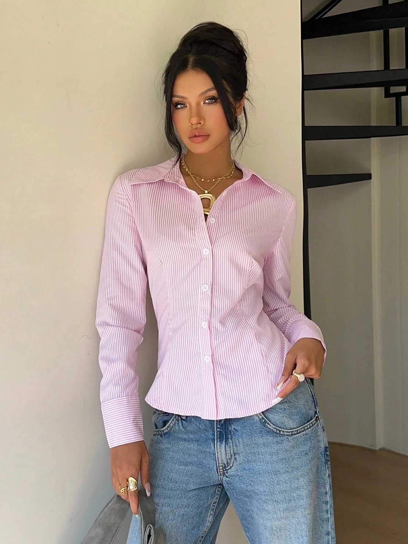 Women's Elegant Back Tie Design Long Sleeve Shirt Office Lady Slim Fit Stripe Turn-down Collar Blouse Spring Fall