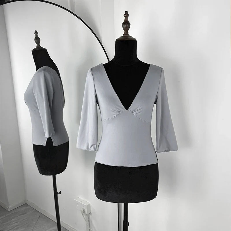 Trendix V Neck Slim Long Sleeve Tops Women 2026 Spring Casual Vintage Bodycon Pullover Top Party Retro Office Basic Backless Top