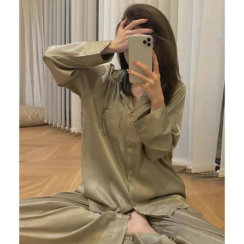 High Quality Ice Silk Light Luxury Pajamas Women's Pajama Spring and Autumn Style Long Sleeve Home Set Satin Nightwear Sleepwear