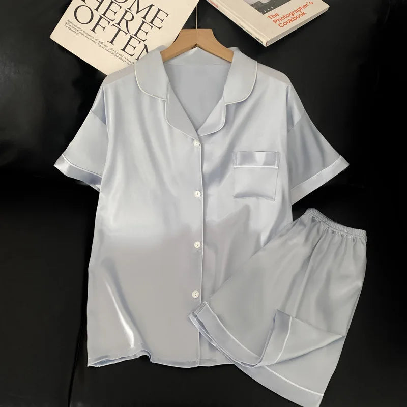 Sweet Simple Ice Silk Pajamas for Women  Thin Short-sleeved Home Clothes Suit Nightwear Women's Pajamas Set Nightie Summer