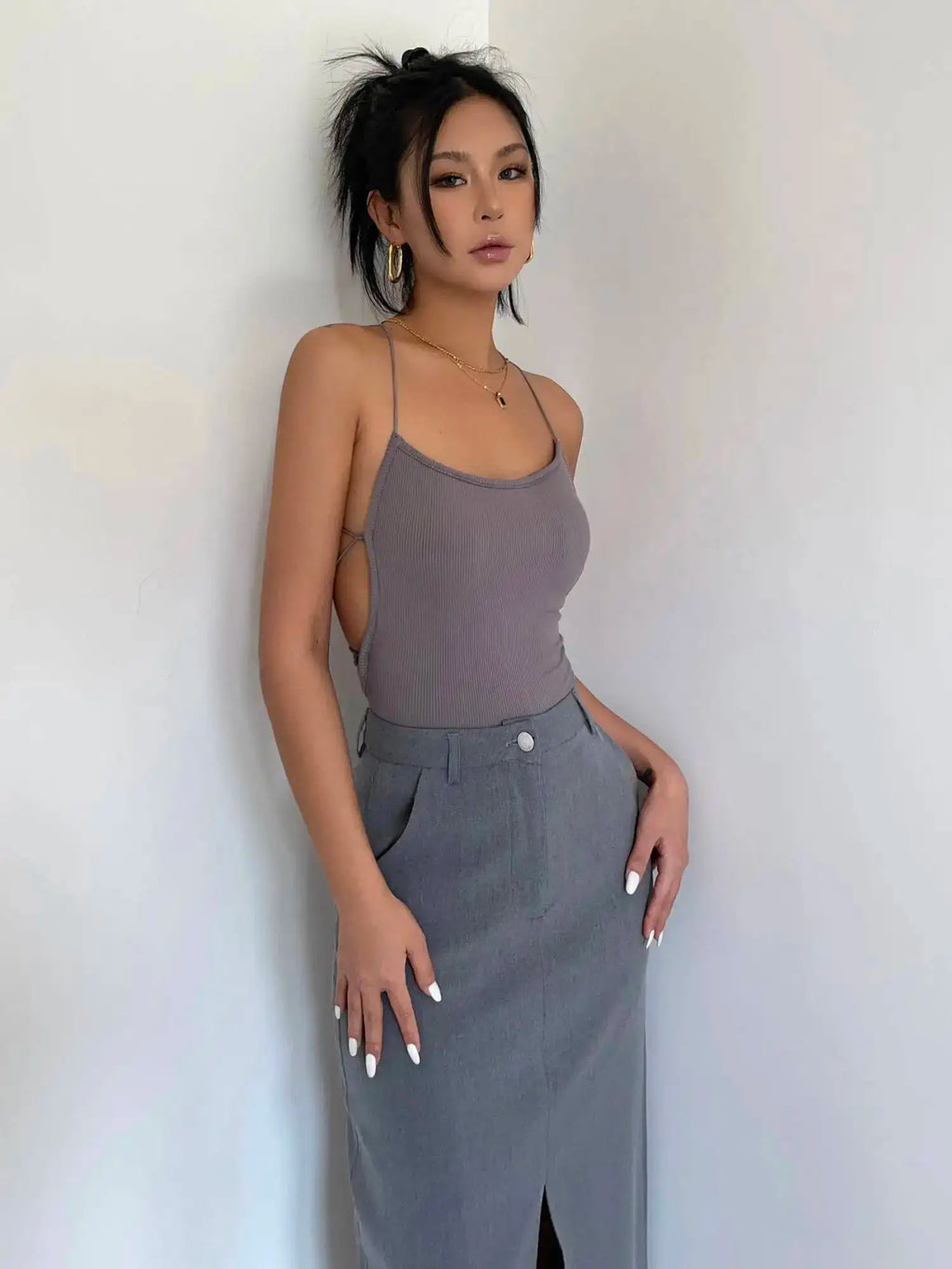 WOMENGAGA Retro High Waist Half Skirt Girl Bifurcate Slim A-LINE Gray Skirts Fashion American Spicy Girls 2023 New 5P2F