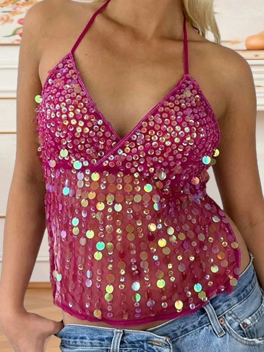 Women's Solid Color Halter Neck Crop Tops Summer Sleeveless V neck Open Back Slim Fit Tie Up Sequins Camis Tops