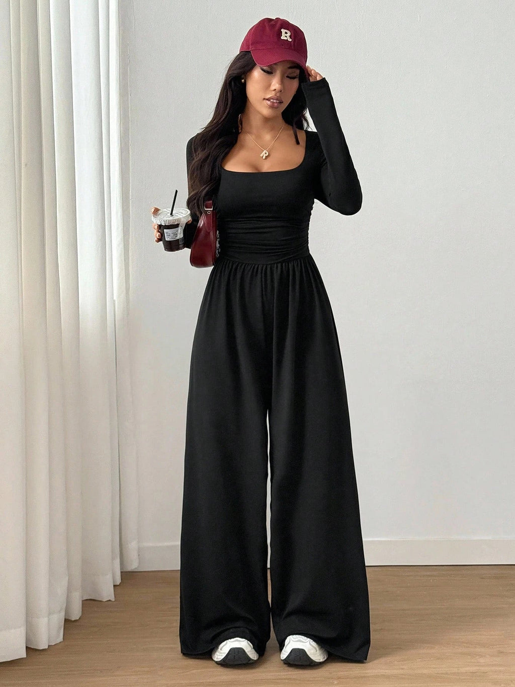 Women's Casual Solid Color Square Neck Long Sleeve A-Line Jumpsuit Pleating Wide Leg Loose Mopping Jumpsuit Spring/Fall 2026