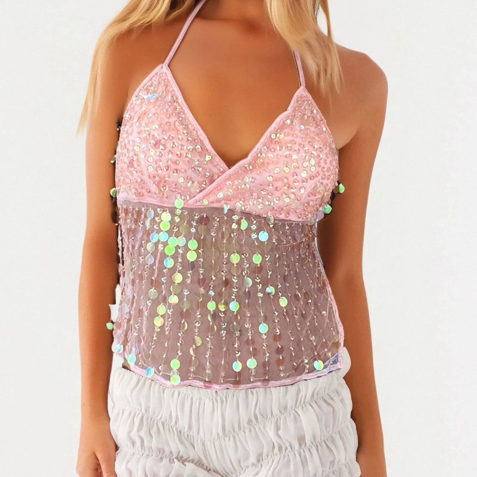 Women's Solid Color Halter Neck Crop Tops Summer Sleeveless V neck Open Back Slim Fit Tie Up Sequins Camis Tops