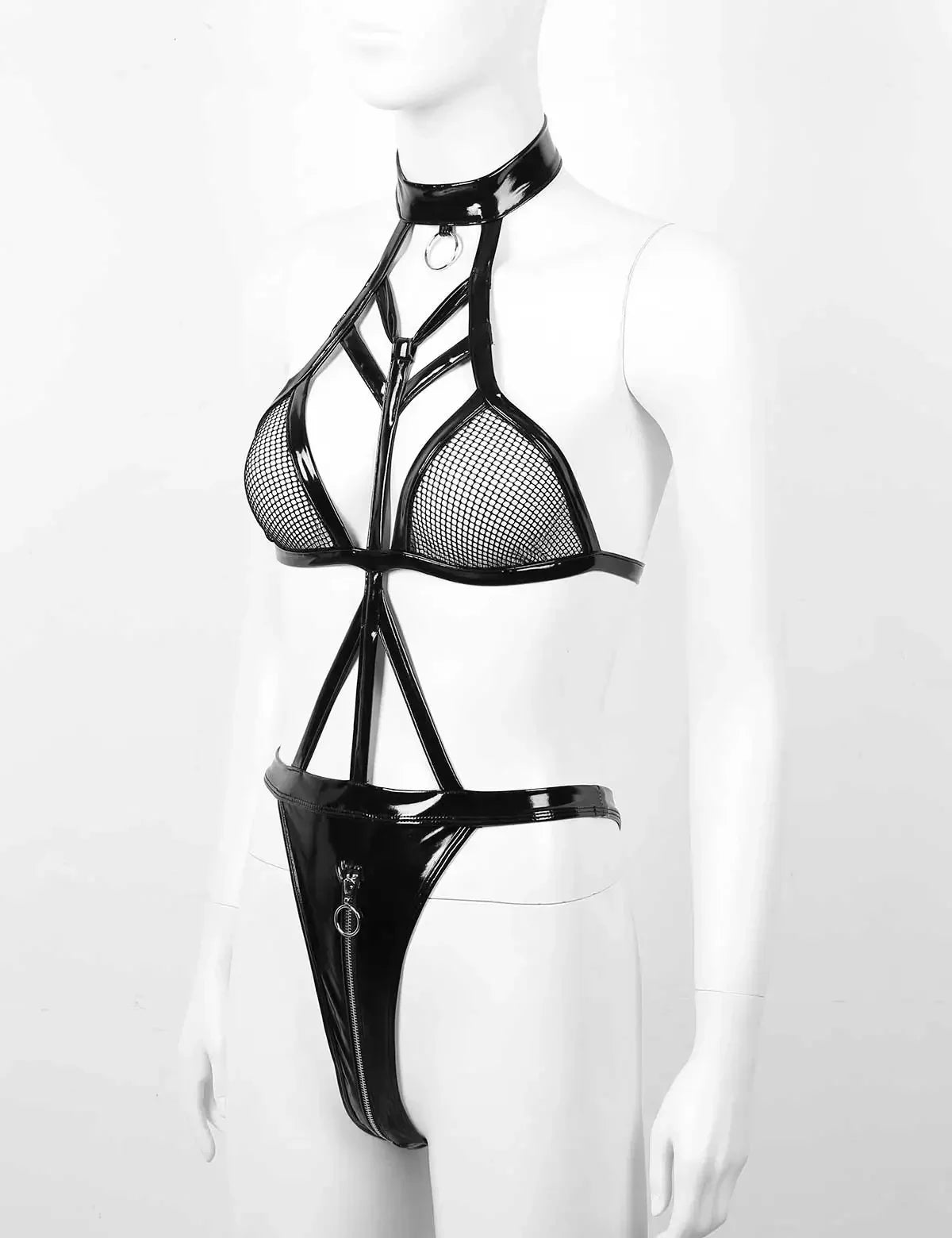 Plus Size Balck Bandage PU Latex Leather Mesh Bodysuit Exotic Teddies Zipper Crotch Catsuit 2XL Costumes Women Sexy Lingerie