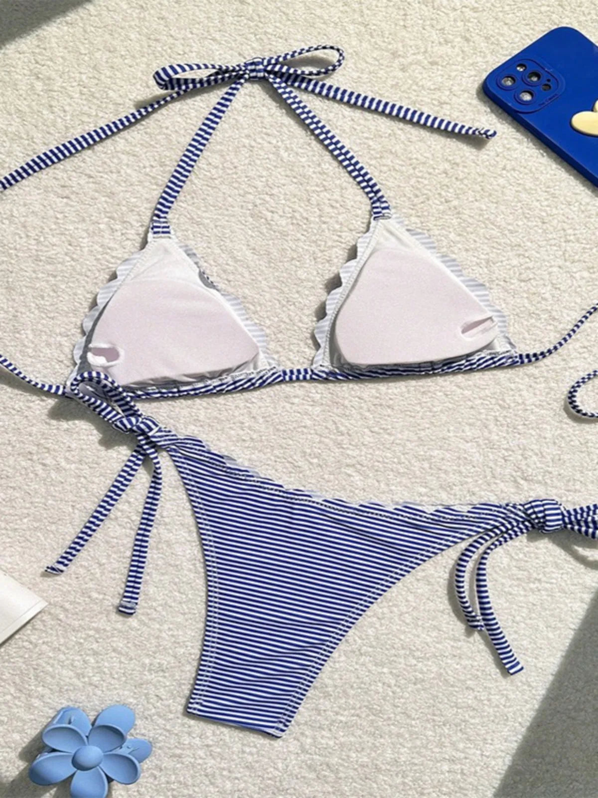 Women's Blue Stripe Print Two Piece Swimsuit Sexy Mini Triangle Cup Bra Halter Backless Bikini Set 2024 Summer Beach Swimwear