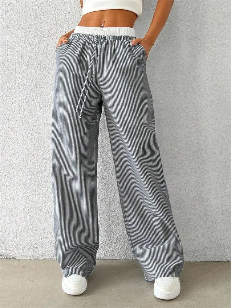 Women's Casual Striped Woven Wide Leg Pants Fall Winter 2024 Casual Stylish Full Length Trousers Y2K Clothes Streetwear