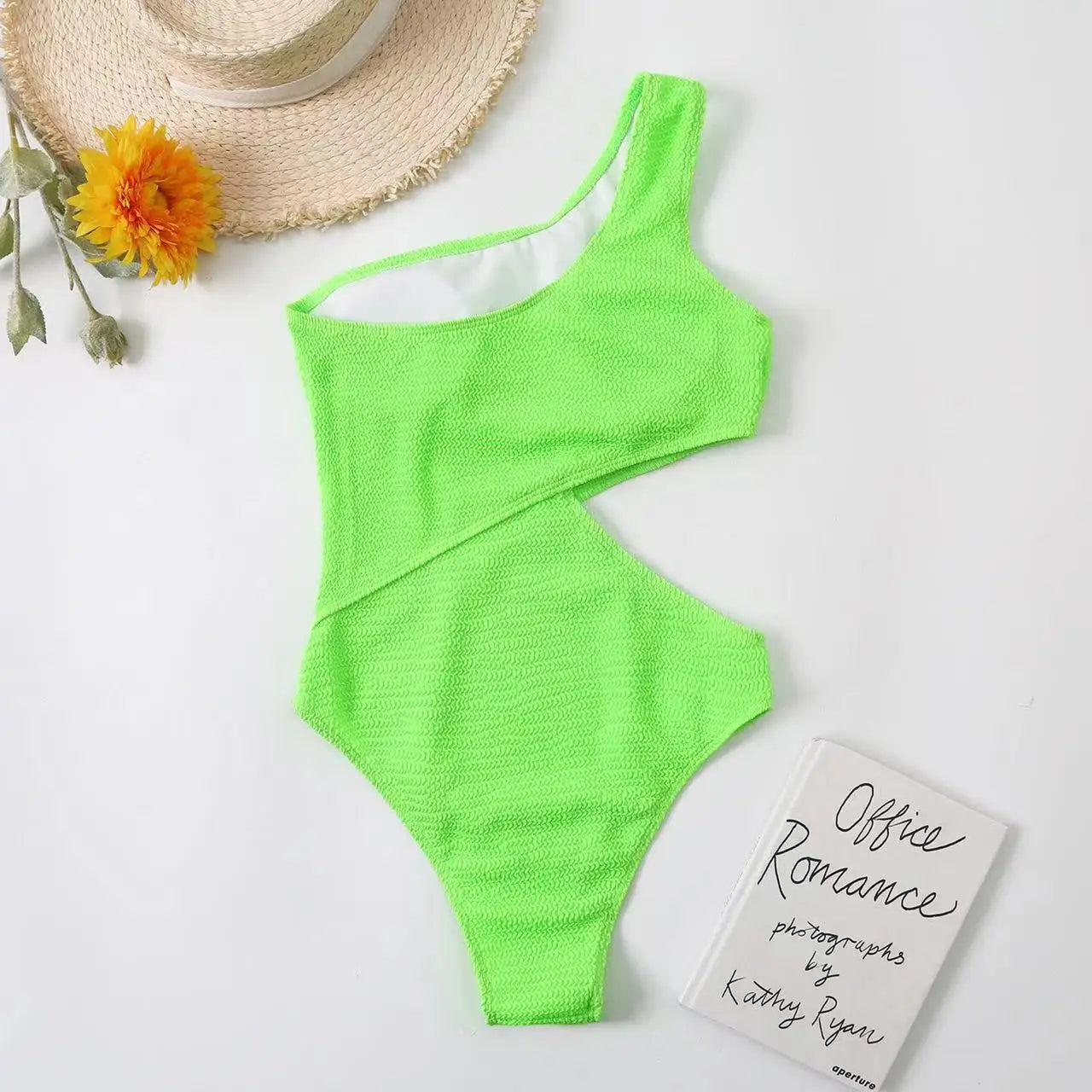2024 New One Shoulder Women's Swimsuit One Piece Cut Out Sexy Swimwear Women Textured Monokini Solid Bathing Suit Beach Wear