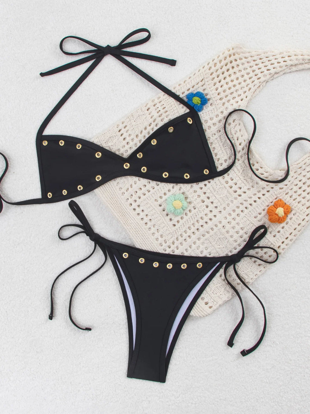 Sexy Black Button Bikini Set 2026 Women Halter Pleate Push Up Bra Tie Side Thong Swimwear Beach Holiday Bathing Suit Swimsuit