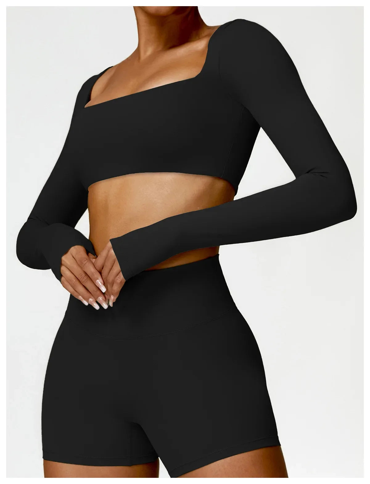 Hearuisavy Summer Casual Quick Dry Sportswear Women Square Neck Gym Top Women Fitness Sports Crop Top Long Sleeve Yoga Clothing