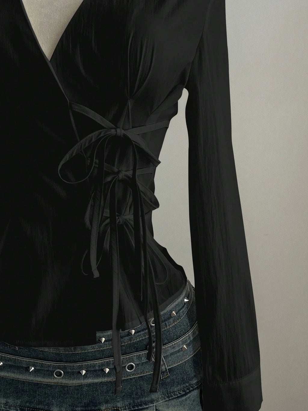 Women's Casual Side Strap Slim Fit Long Sleeve Shirt Sexy V-Neck Pleating Top Spring/Fall 2026