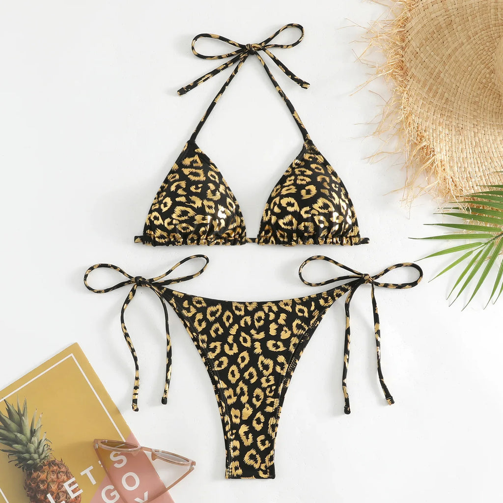 Sexy Orange Leopard Print Bikini Set 2024 Women Halter Push Up Bra Tie Side Thong Swimsuit Summer Backless Bathing Suit Swimwear