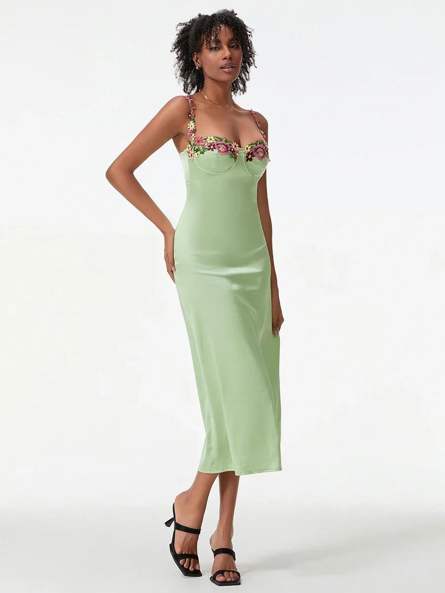Satin Sling Bodycon Long Dress Women Flower Embroidery Sleeveless Spaghetti Strap Cocktail Dress Summer Party Club Skinny Dress