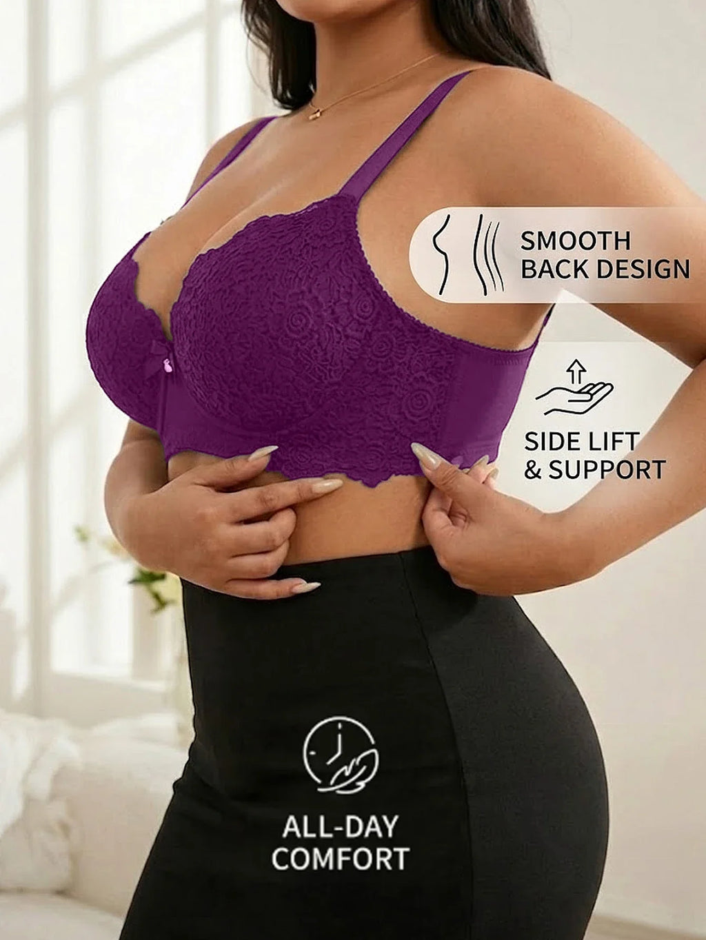 Women's Plus Size Lace Push Up Bra Underwire Side Support Anti-Sagging with Wide Adjustable Straps Brassiere