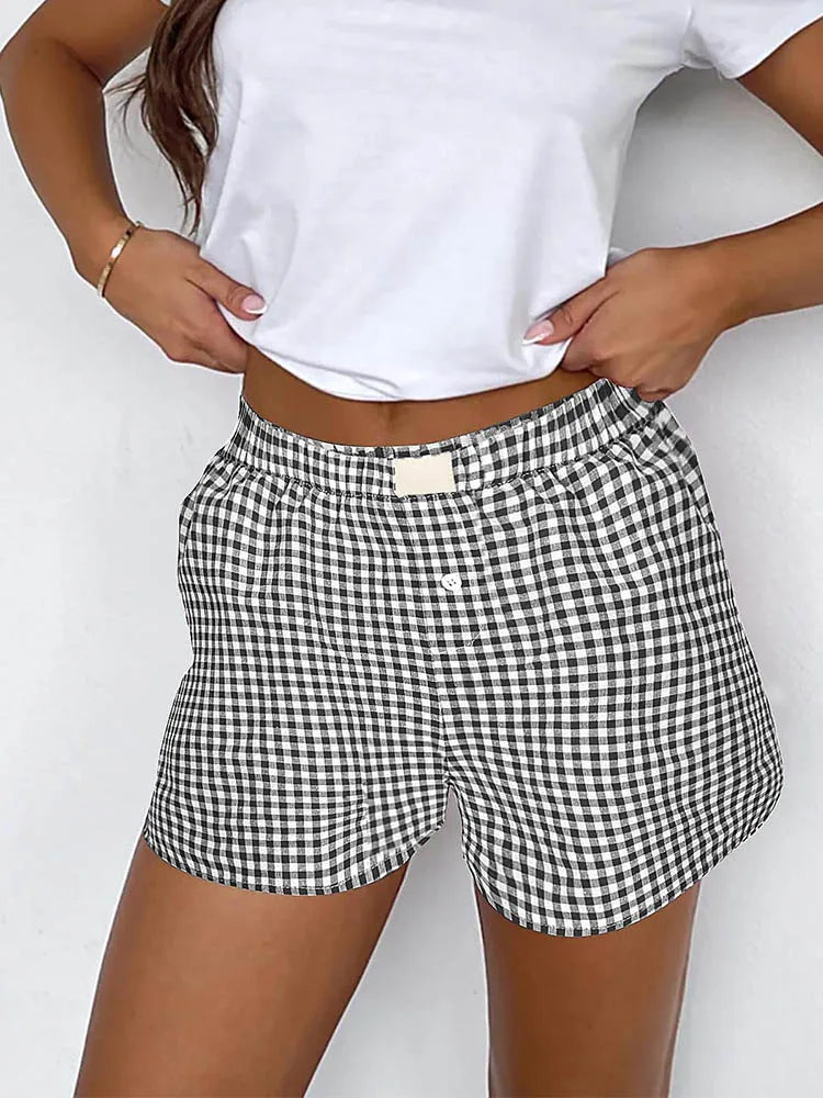 Teen Girls Plaid Shorts Elastic Waistband Pull-On Casual Lounge Summer Outfit Red Blue Color Women's Fashion