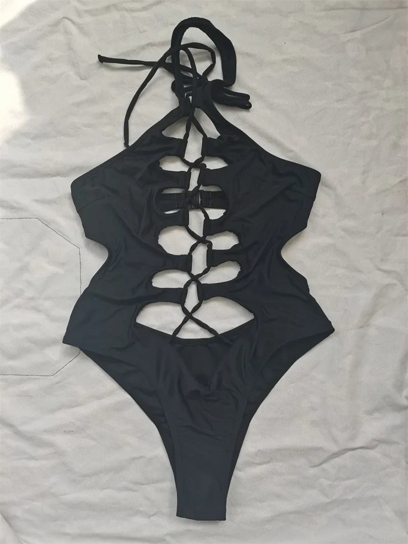 Hollow Out Swimwear Women 2025 High Neck Solid Black Cut Out Backless Monokini Bandage Bathing Suit Holiday One Piece Swimsuit