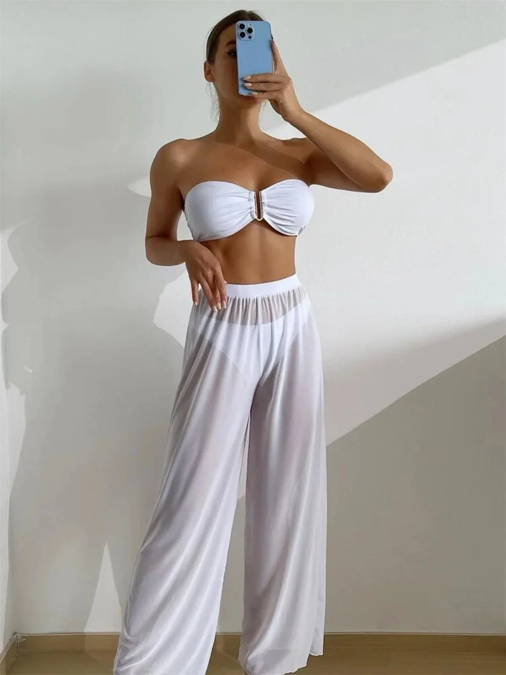 Bandeau Bikini 2024 Women Sexy White Cut Out V Bra Mesh Long Panties 3 Piece Swimsuit Beach Bathing Suit High Waist Swimwear