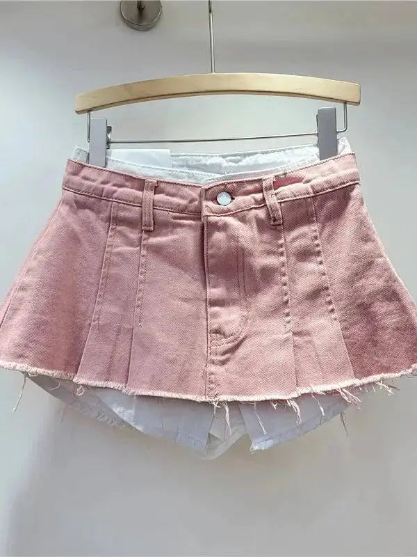 New Fashion Women's Irregular Fake Two-piece A-line Mini Denim Skirts 2026 Autumn Trendy High Waist Skirt Female Fashion XHV4