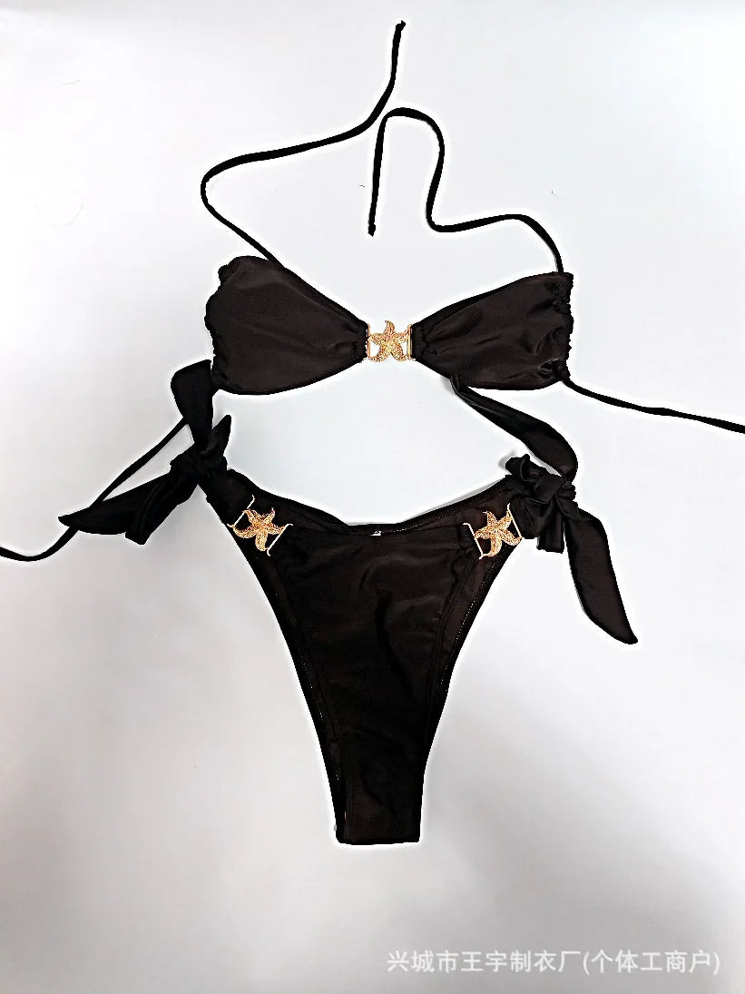 2025 Sexy Fashionable Swimsuit Women Solid Bikini Separable Backless Beach Swimming Suit Female's Black Swimwear Tankini Set