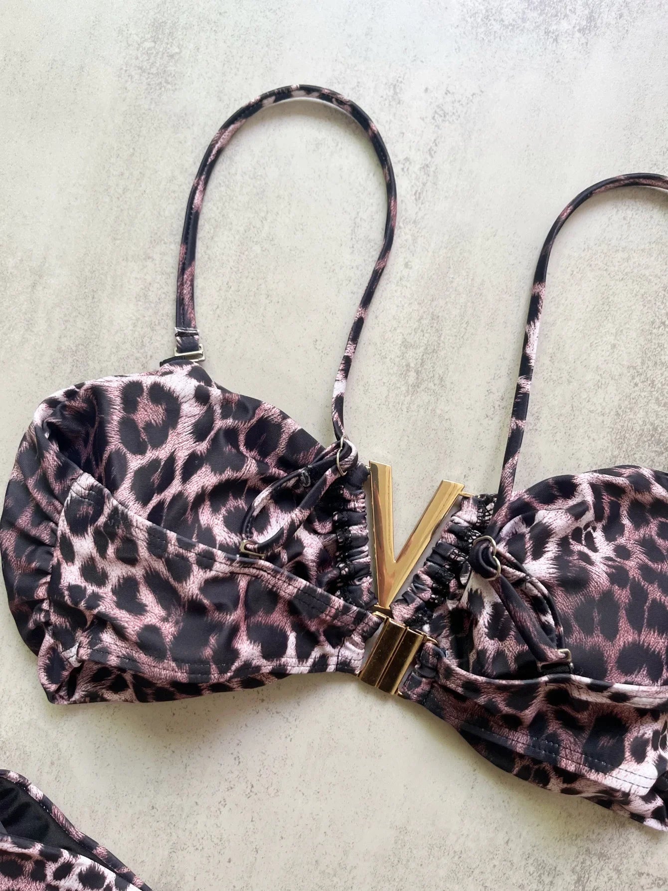 Sexy Brown Leopard Print Micro Bikini Women Metal V Neck Push Up High Waist Swimsuit 2026 Beach Bathing Suit Vacation Swimwear