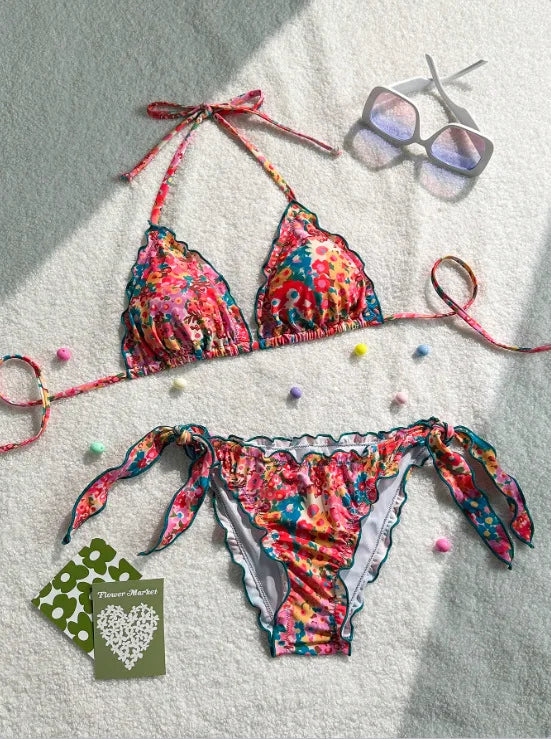 Cute Orange Floral Print Bikini Set Women Halter Ruffles Push Up Tie Side Thong Swimsuit 2026 Summer Bathing Suit Micro Swimwear