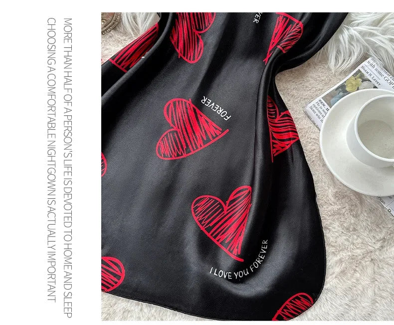 Valentine's Day Red Lip Print Satin Slip Straps Nightdress V Neck Backless Mini Sleep Dress Women's Nighties Sleepwear Dresses