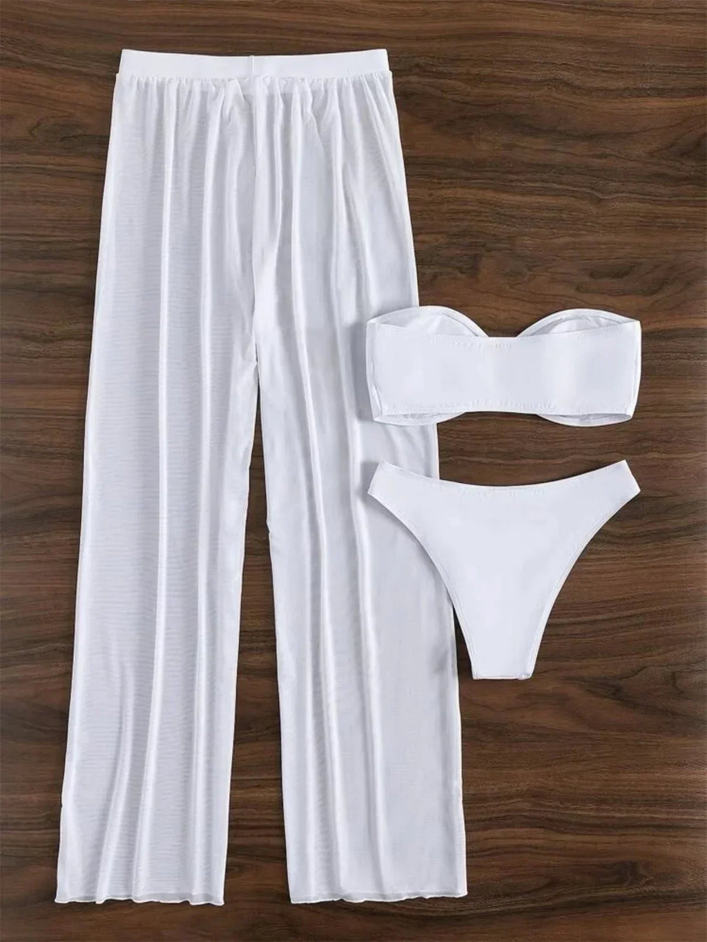 Bandeau Bikini 2024 Women Sexy White Cut Out V Bra Mesh Long Panties 3 Piece Swimsuit Beach Bathing Suit High Waist Swimwear
